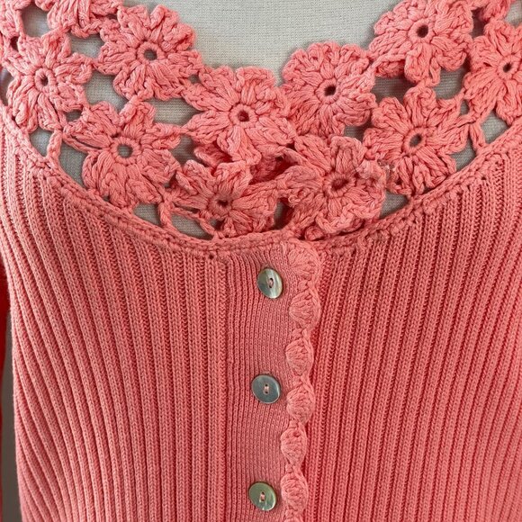 NEW Soft Surroundings Womens Large Coral Crochet Trim Cardigan Sweater Ribbed - Picture 8 of 12